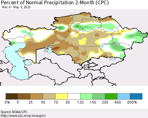 Kazakhstan Percent of Normal Precipitation 2-Month (CPC) Thematic Map For 3/6/2023 - 5/5/2023