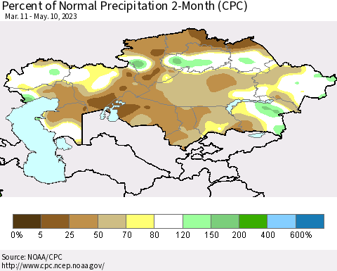 Kazakhstan Percent of Normal Precipitation 2-Month (CPC) Thematic Map For 3/11/2023 - 5/10/2023