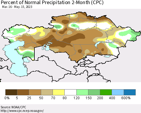 Kazakhstan Percent of Normal Precipitation 2-Month (CPC) Thematic Map For 3/16/2023 - 5/15/2023