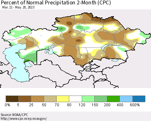 Kazakhstan Percent of Normal Precipitation 2-Month (CPC) Thematic Map For 3/21/2023 - 5/20/2023