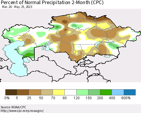 Kazakhstan Percent of Normal Precipitation 2-Month (CPC) Thematic Map For 3/26/2023 - 5/25/2023