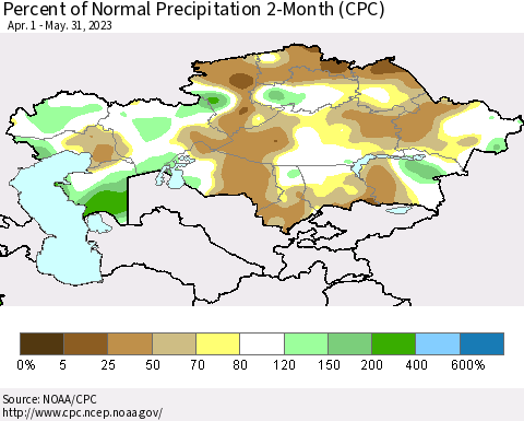 Kazakhstan Percent of Normal Precipitation 2-Month (CPC) Thematic Map For 4/1/2023 - 5/31/2023