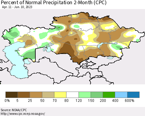 Kazakhstan Percent of Normal Precipitation 2-Month (CPC) Thematic Map For 4/11/2023 - 6/10/2023
