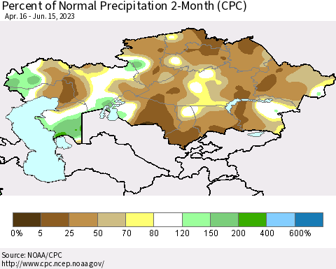 Kazakhstan Percent of Normal Precipitation 2-Month (CPC) Thematic Map For 4/16/2023 - 6/15/2023