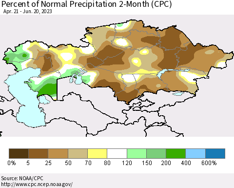 Kazakhstan Percent of Normal Precipitation 2-Month (CPC) Thematic Map For 4/21/2023 - 6/20/2023