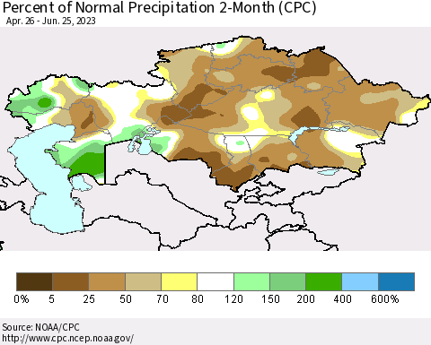 Kazakhstan Percent of Normal Precipitation 2-Month (CPC) Thematic Map For 4/26/2023 - 6/25/2023