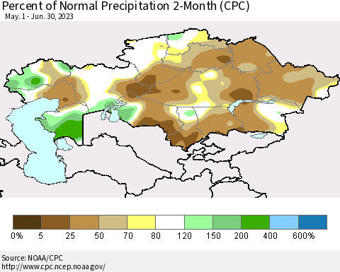 Kazakhstan Percent of Normal Precipitation 2-Month (CPC) Thematic Map For 5/1/2023 - 6/30/2023