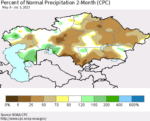 Kazakhstan Percent of Normal Precipitation 2-Month (CPC) Thematic Map For 5/6/2023 - 7/5/2023