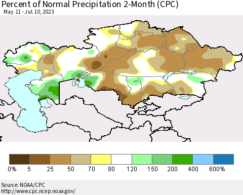 Kazakhstan Percent of Normal Precipitation 2-Month (CPC) Thematic Map For 5/11/2023 - 7/10/2023