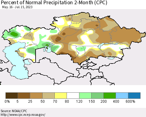 Kazakhstan Percent of Normal Precipitation 2-Month (CPC) Thematic Map For 5/16/2023 - 7/15/2023