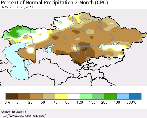 Kazakhstan Percent of Normal Precipitation 2-Month (CPC) Thematic Map For 5/21/2023 - 7/20/2023