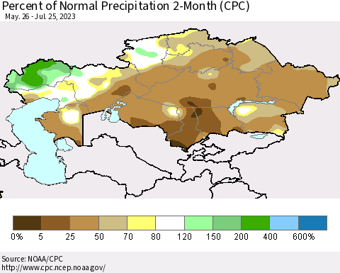 Kazakhstan Percent of Normal Precipitation 2-Month (CPC) Thematic Map For 5/26/2023 - 7/25/2023
