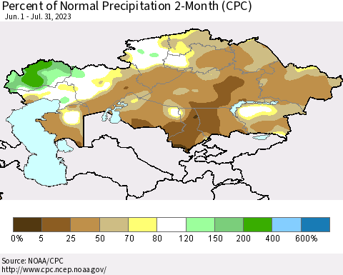 Kazakhstan Percent of Normal Precipitation 2-Month (CPC) Thematic Map For 6/1/2023 - 7/31/2023