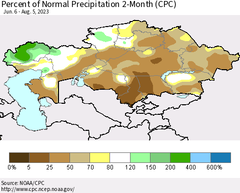 Kazakhstan Percent of Normal Precipitation 2-Month (CPC) Thematic Map For 6/6/2023 - 8/5/2023