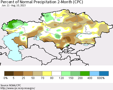Kazakhstan Percent of Normal Precipitation 2-Month (CPC) Thematic Map For 6/11/2023 - 8/10/2023