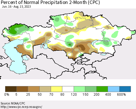 Kazakhstan Percent of Normal Precipitation 2-Month (CPC) Thematic Map For 6/16/2023 - 8/15/2023