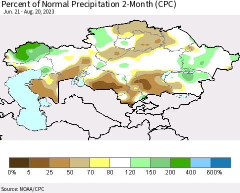 Kazakhstan Percent of Normal Precipitation 2-Month (CPC) Thematic Map For 6/21/2023 - 8/20/2023