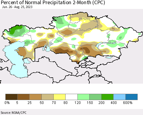 Kazakhstan Percent of Normal Precipitation 2-Month (CPC) Thematic Map For 6/26/2023 - 8/25/2023