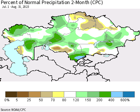 Kazakhstan Percent of Normal Precipitation 2-Month (CPC) Thematic Map For 7/1/2023 - 8/31/2023