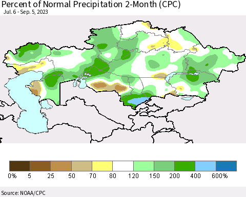 Kazakhstan Percent of Normal Precipitation 2-Month (CPC) Thematic Map For 7/6/2023 - 9/5/2023