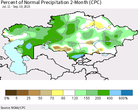 Kazakhstan Percent of Normal Precipitation 2-Month (CPC) Thematic Map For 7/11/2023 - 9/10/2023