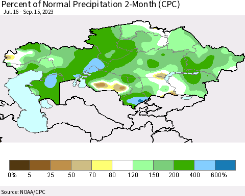 Kazakhstan Percent of Normal Precipitation 2-Month (CPC) Thematic Map For 7/16/2023 - 9/15/2023