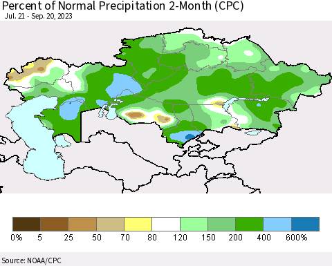 Kazakhstan Percent of Normal Precipitation 2-Month (CPC) Thematic Map For 7/21/2023 - 9/20/2023