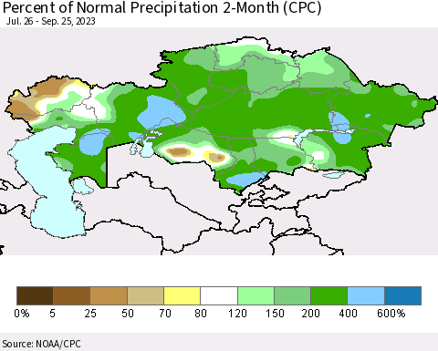 Kazakhstan Percent of Normal Precipitation 2-Month (CPC) Thematic Map For 7/26/2023 - 9/25/2023