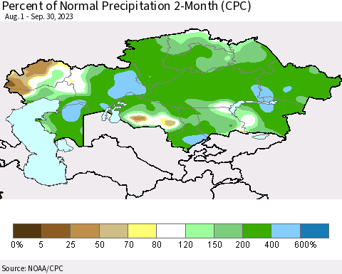 Kazakhstan Percent of Normal Precipitation 2-Month (CPC) Thematic Map For 8/1/2023 - 9/30/2023