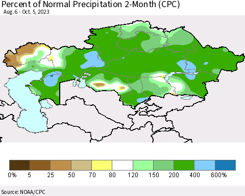 Kazakhstan Percent of Normal Precipitation 2-Month (CPC) Thematic Map For 8/6/2023 - 10/5/2023