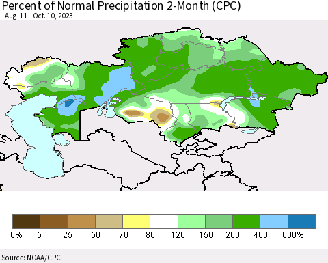 Kazakhstan Percent of Normal Precipitation 2-Month (CPC) Thematic Map For 8/11/2023 - 10/10/2023