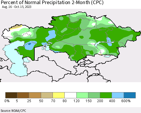 Kazakhstan Percent of Normal Precipitation 2-Month (CPC) Thematic Map For 8/16/2023 - 10/15/2023