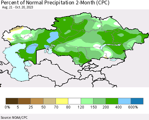 Kazakhstan Percent of Normal Precipitation 2-Month (CPC) Thematic Map For 8/21/2023 - 10/20/2023