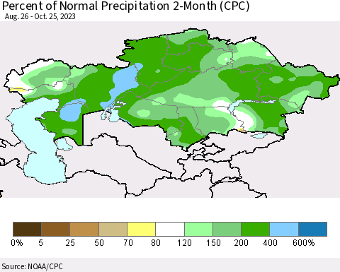 Kazakhstan Percent of Normal Precipitation 2-Month (CPC) Thematic Map For 8/26/2023 - 10/25/2023
