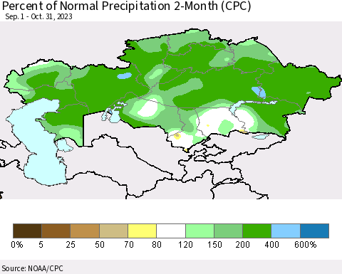 Kazakhstan Percent of Normal Precipitation 2-Month (CPC) Thematic Map For 9/1/2023 - 10/31/2023