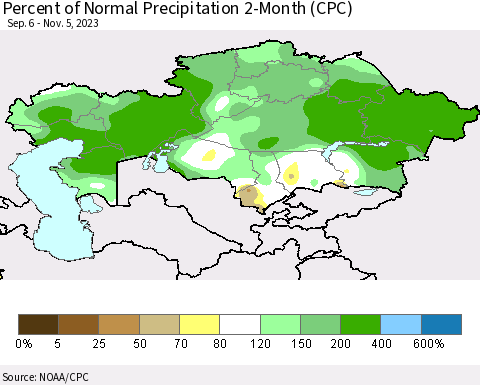 Kazakhstan Percent of Normal Precipitation 2-Month (CPC) Thematic Map For 9/6/2023 - 11/5/2023