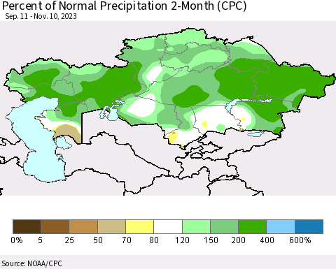 Kazakhstan Percent of Normal Precipitation 2-Month (CPC) Thematic Map For 9/11/2023 - 11/10/2023