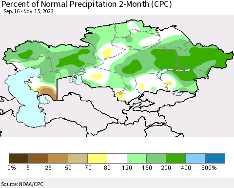 Kazakhstan Percent of Normal Precipitation 2-Month (CPC) Thematic Map For 9/16/2023 - 11/15/2023
