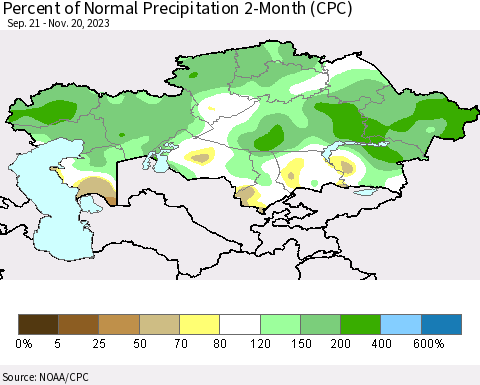 Kazakhstan Percent of Normal Precipitation 2-Month (CPC) Thematic Map For 9/21/2023 - 11/20/2023
