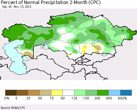 Kazakhstan Percent of Normal Precipitation 2-Month (CPC) Thematic Map For 9/26/2023 - 11/25/2023
