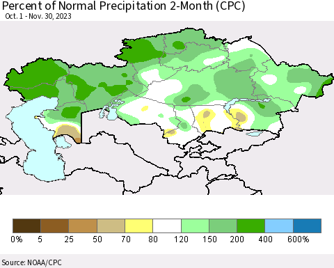 Kazakhstan Percent of Normal Precipitation 2-Month (CPC) Thematic Map For 10/1/2023 - 11/30/2023