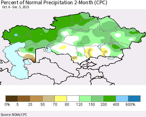 Kazakhstan Percent of Normal Precipitation 2-Month (CPC) Thematic Map For 10/6/2023 - 12/5/2023