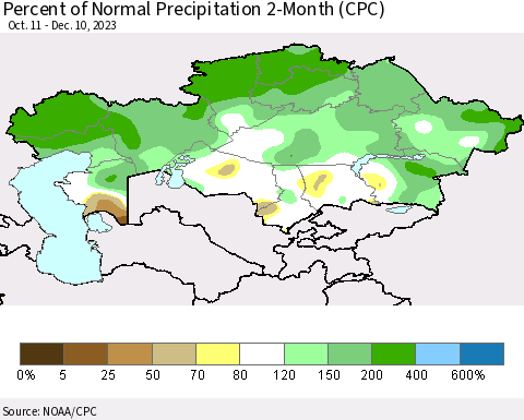 Kazakhstan Percent of Normal Precipitation 2-Month (CPC) Thematic Map For 10/11/2023 - 12/10/2023