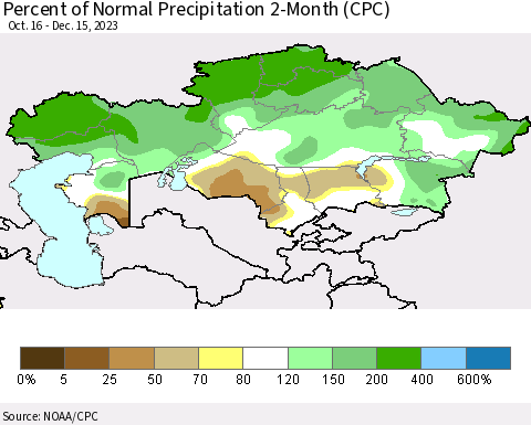 Kazakhstan Percent of Normal Precipitation 2-Month (CPC) Thematic Map For 10/16/2023 - 12/15/2023