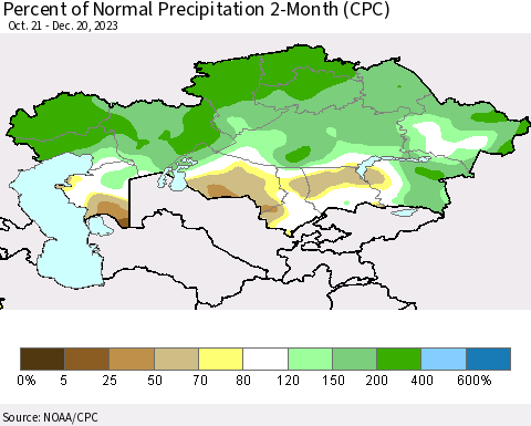 Kazakhstan Percent of Normal Precipitation 2-Month (CPC) Thematic Map For 10/21/2023 - 12/20/2023