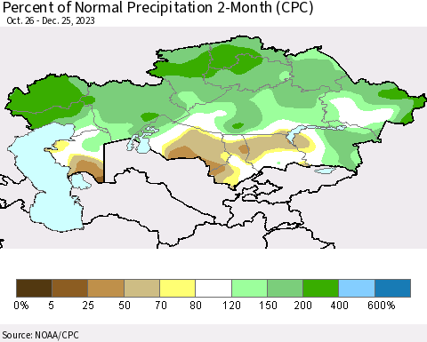 Kazakhstan Percent of Normal Precipitation 2-Month (CPC) Thematic Map For 10/26/2023 - 12/25/2023
