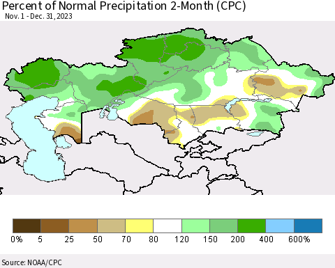 Kazakhstan Percent of Normal Precipitation 2-Month (CPC) Thematic Map For 11/1/2023 - 12/31/2023