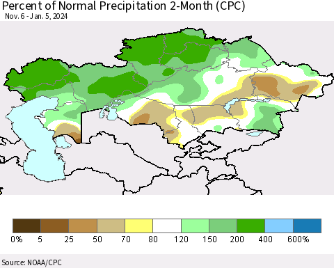 Kazakhstan Percent of Normal Precipitation 2-Month (CPC) Thematic Map For 11/6/2023 - 1/5/2024
