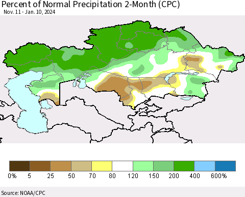 Kazakhstan Percent of Normal Precipitation 2-Month (CPC) Thematic Map For 11/11/2023 - 1/10/2024