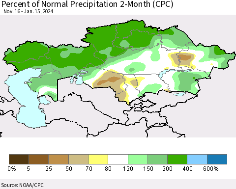 Kazakhstan Percent of Normal Precipitation 2-Month (CPC) Thematic Map For 11/16/2023 - 1/15/2024